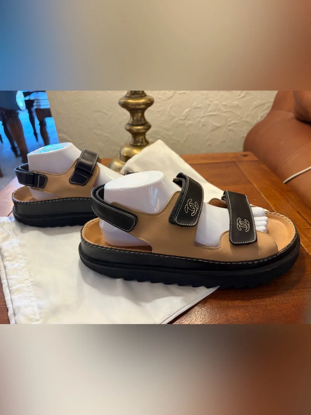 CHANEL Black and Tan Leather “Dad” Velcro Strap Sandals woman’s 10.5